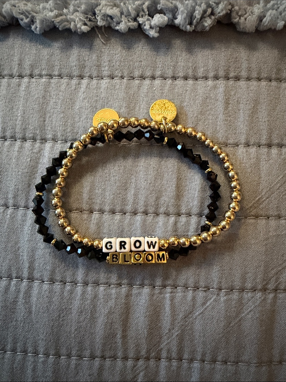 Little Words Project GROW BLOOM Gold and Black Beaded Stretch Bracelet Set